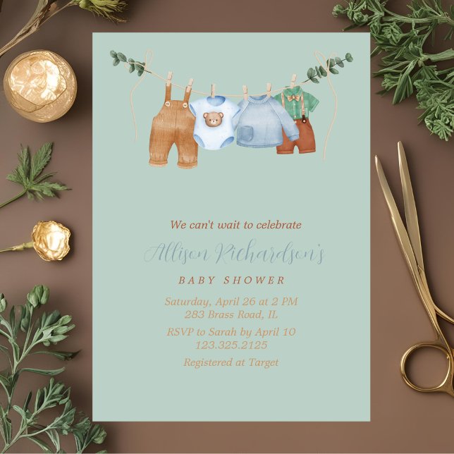 Boho clothesline boy pastel watercolor baby shower invitation (Creator Uploaded)