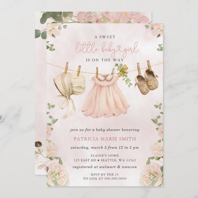 Boho Clothesline floral Girl Baby Shower Invitation (Front/Back)