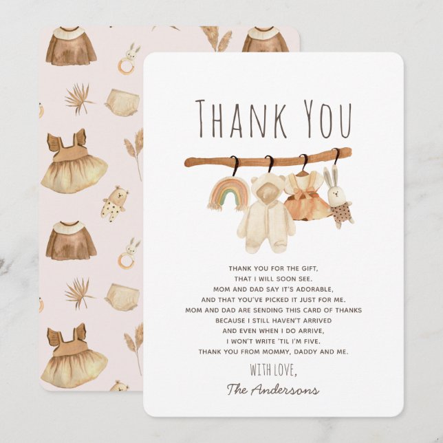 Boho Clothesline Girl Baby Shower Thank You Card (Front/Back)