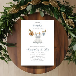 Boho Clothesline Girl blue and white watercolor Invitation