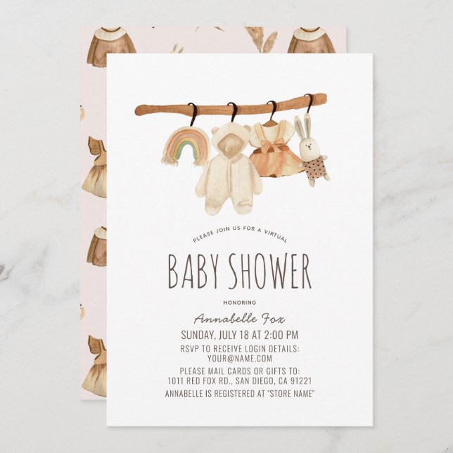 Boho Clothesline Girl Virtual Baby Shower Invitation (Front/Back)