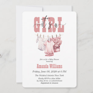 Boho Clothesline Pink Its a Girl Baby Shower Invitation