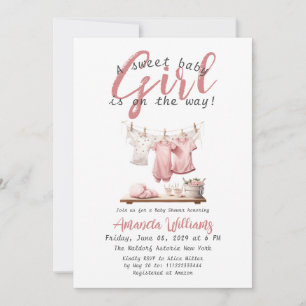 Boho Clothesline Sweet Girl Pink Baby Shower Invitation
