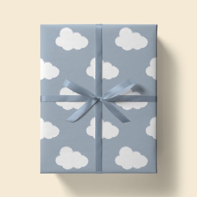Boho Clouds Sky Simple Gender Neutral Kids Blue Wrapping Paper (Creator Uploaded)