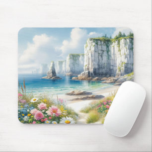 Boho Coastal Cliffs Wildflower Beach Art Mouse Pad
