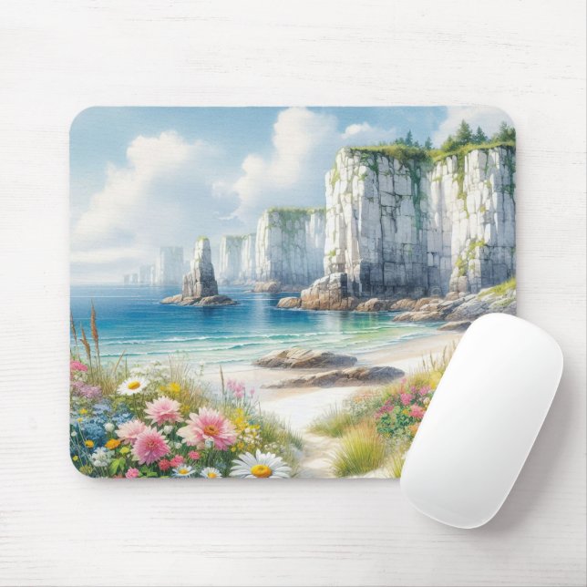 Boho Coastal Cliffs Wildflower Beach Art Mouse Pad (With Mouse)