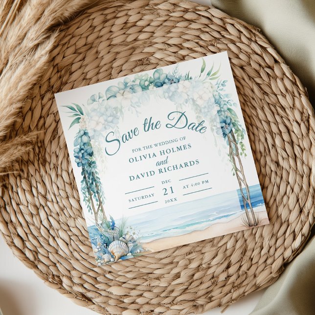 Boho Coastal Floral Arch Wedding Save the Date (Boho Coastal Floral Arch Wedding Save the Date on a neutral boho wedding table with pampas grass)