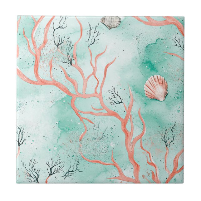 Boho Coastal Seashell Pattern Ceramic Tile (Front)