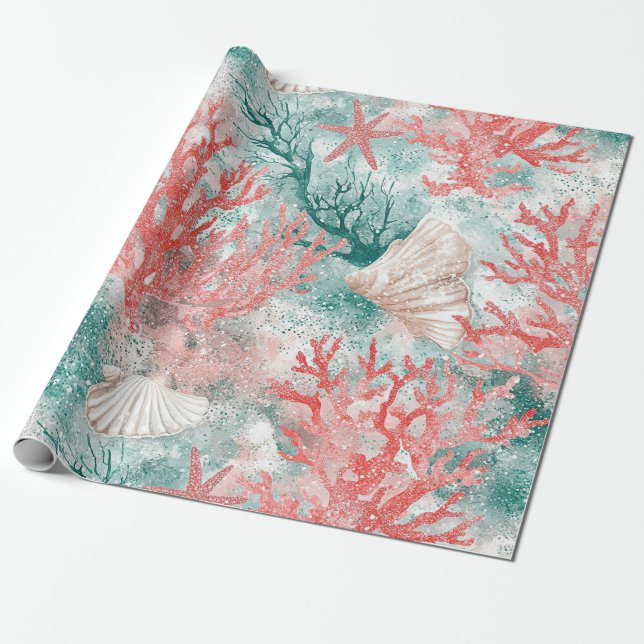 Boho Coastal Seashell Pattern Wrapping Paper (Unrolled)