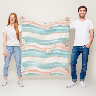 Boho Coastal Waves Seashells - Calm Beach Vibes Fleece Blanket