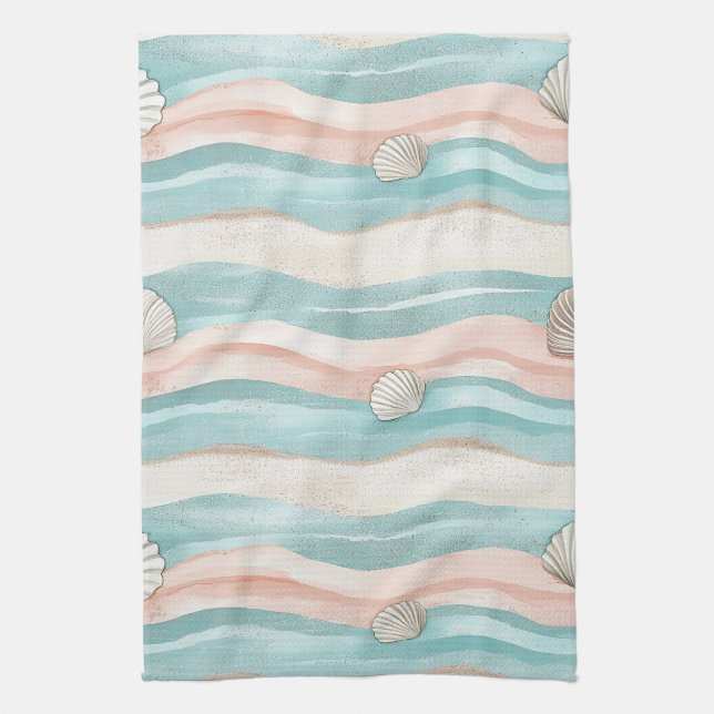 Boho Coastal Waves Seashells - Calm Beach Vibes Tea Towel (Vertical)