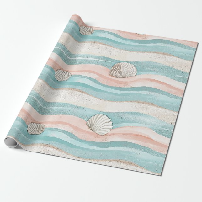 Boho Coastal Waves Seashells - Calm Beach Vibes Wrapping Paper (Unrolled)