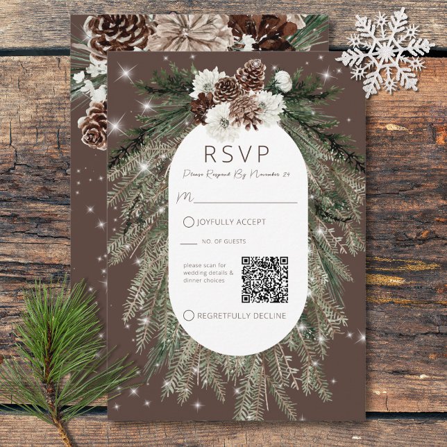 Boho Cocoa Pine Winter Sparkle QR Code RSVP Card (Boho Cocoa Pine Winter Sparkle QR Code RSVP Card)