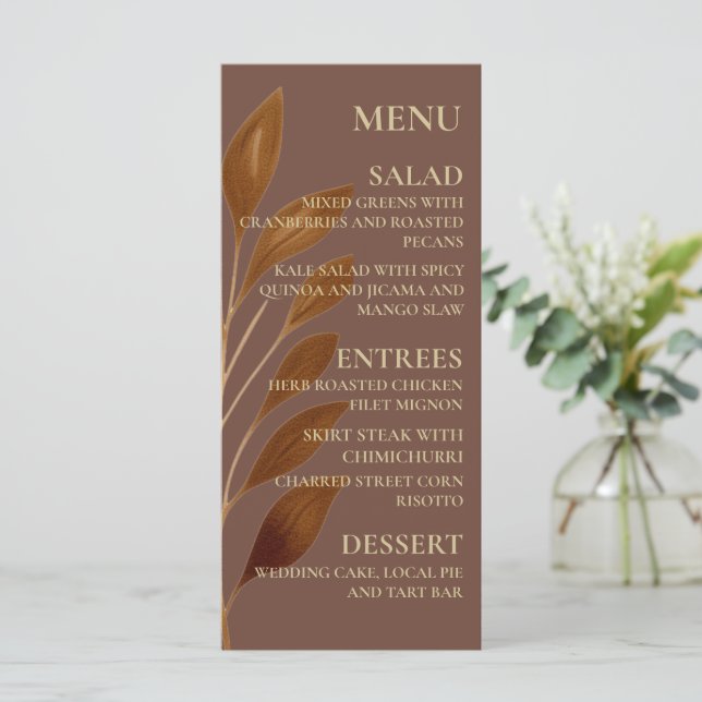 Boho Coffee Brown and Gold Leaf | Modern Wedding  Menu (Standing Front)
