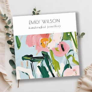 Boho Colorful Pink Blue Painted Floral Earring Square Business Card