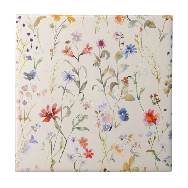 Boho Colour watercolour wild flower Ceramic Tile (Front)