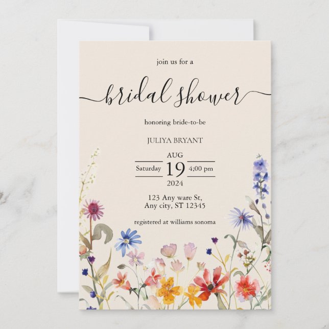 Boho colour wildflower bridal shower invitation (Front)