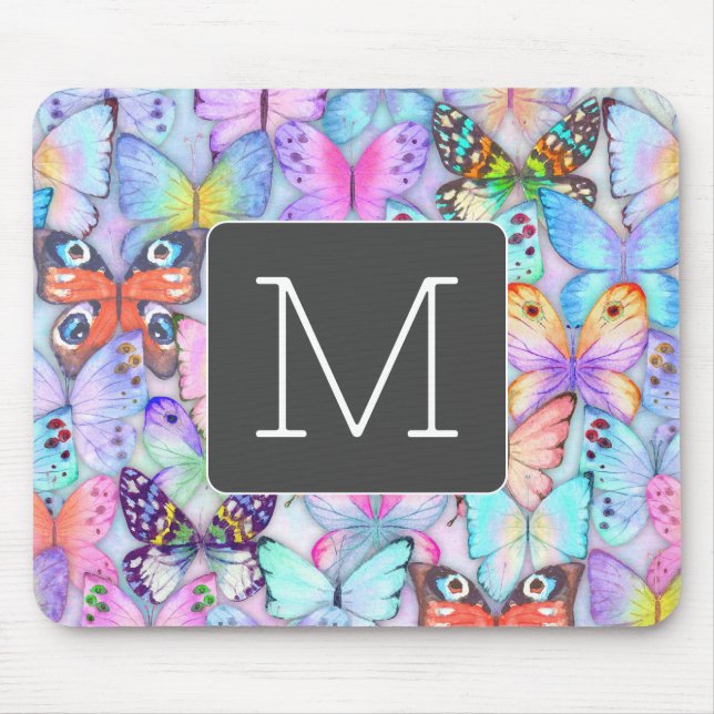 Boho colourful butterfly pattern Initial Blue Mouse Pad (Front)