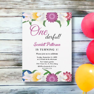 Boho Colourful Flowers Modern Floral 1st Birthday Invitation