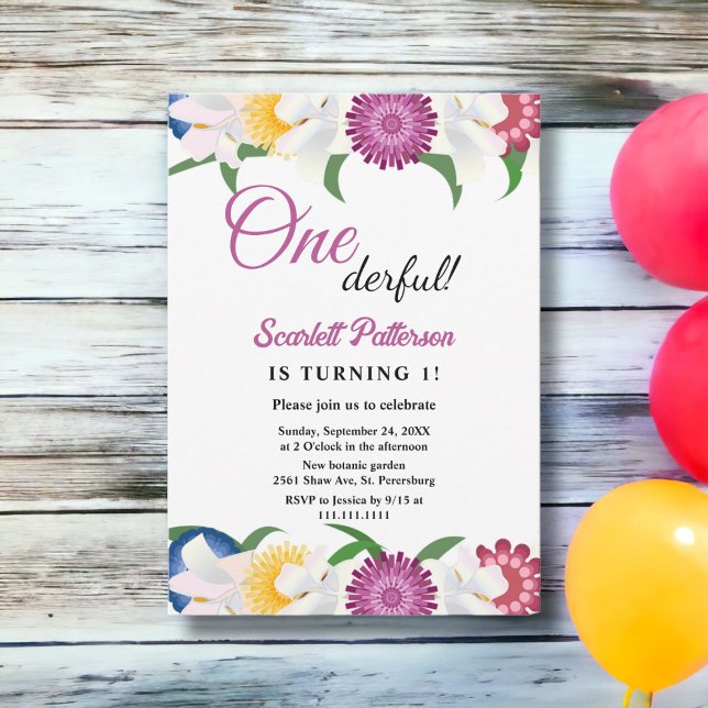 Boho Colourful Flowers Modern Floral 1st Birthday Invitation (Creator Uploaded)