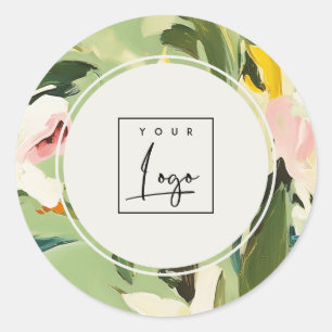Boho Colourful Green Pink Painted Floral Logo Classic Round Sticker