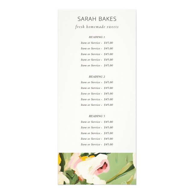 Boho Colourful Green Pink Painted Floral Price Lis Rack Card (Back)