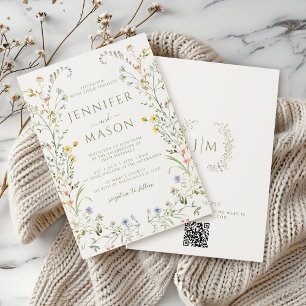 Boho Colourful Meadow Wildflower Wreath Wedding Invitation