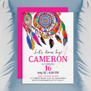 Boho Colourful Pink Dream Catch Birthday Watercolo Invitation