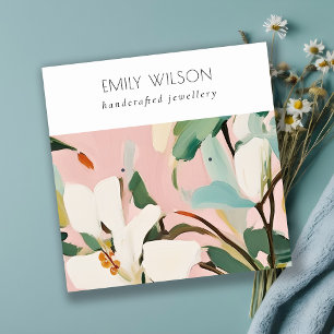 Boho Colourful Pink Teal Painted Floral Earring Square Business Card