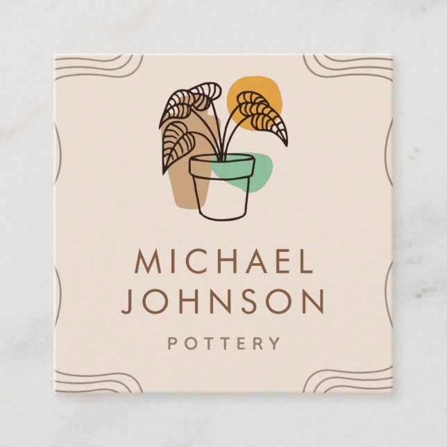 Boho Colourful Plant & Pot Bohemian Pottery Cerami Square Business Card (Front)