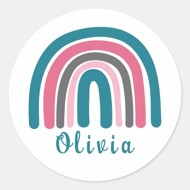 Boho Colourful Rainbow With Personalised Name  Classic Round Sticker (Front)