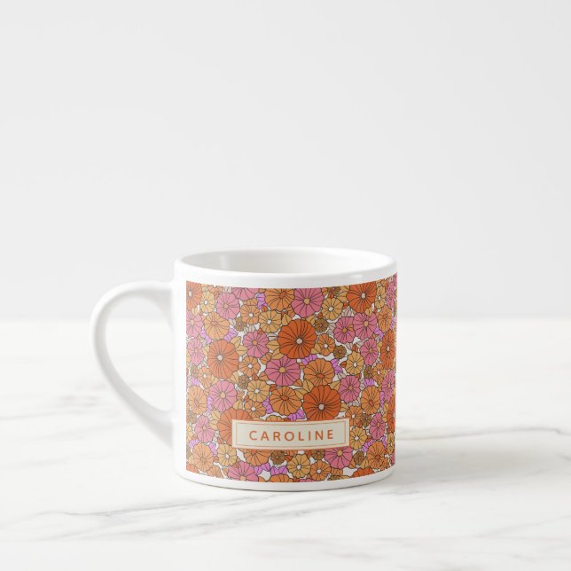 Boho Colourful Retro Flower Cute Orange Pink Name Espresso Cup (Left)