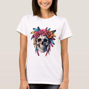 Boho Colourful Skull with Flowers and Flowers  T-Shirt