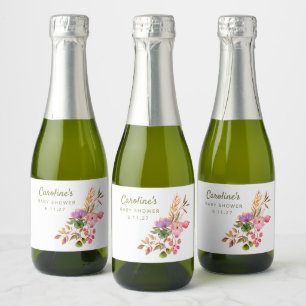 Boho Colourful Watercolor Floral Baby Shower Custo Sparkling Wine Label