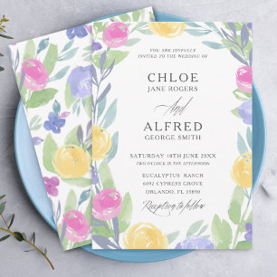 Boho Colourful Watercolor Rose & Foliage Wedding Invitation