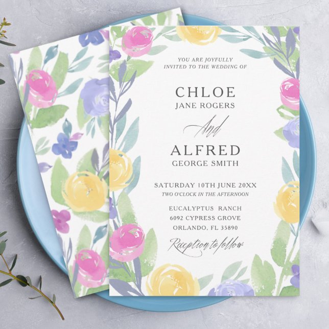 Boho Colourful Watercolor Rose & Foliage Wedding Invitation (Creator Uploaded)