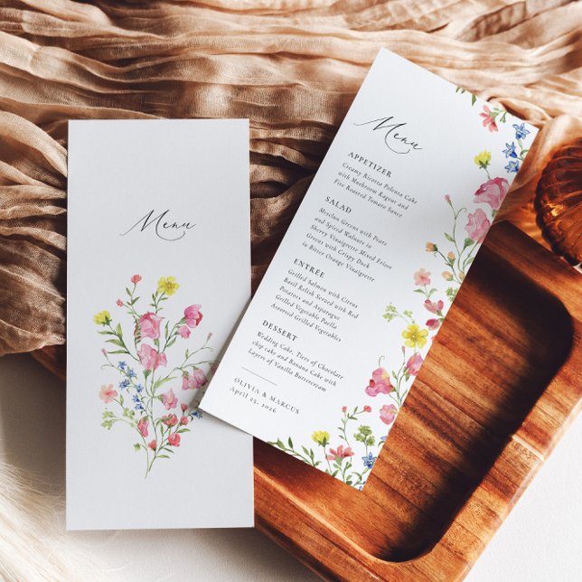 Boho Colourful Wildflower Fairytale Elegant Weddin Menu (Back/Front)