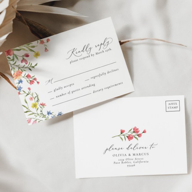Boho Colourful Wildflower Fairytale Elegant Weddin RSVP Card (Front/Back)