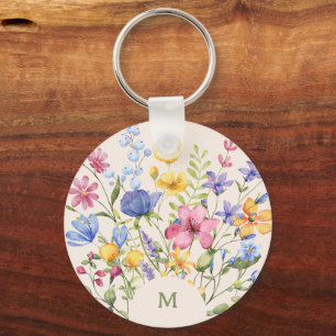 Boho Colourful Wildflowers with Monogram Key Ring