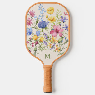Boho Colourful Wildflowers with Monogram Pickleball Paddle