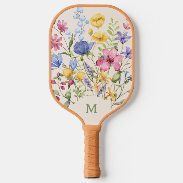 Boho Colourful Wildflowers with Monogram Pickleball Paddle (Front)