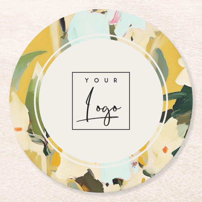 Boho Colourful Yellow Ochre Painted Floral Logo Round Paper Coaster (Front)