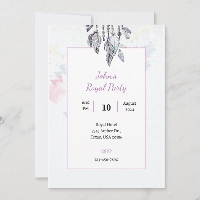 Boho cool watercolor royal party invitation card (Front)