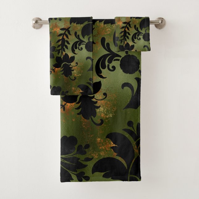 Boho Copper Black Green Floral Bath Towel Set (Insitu)