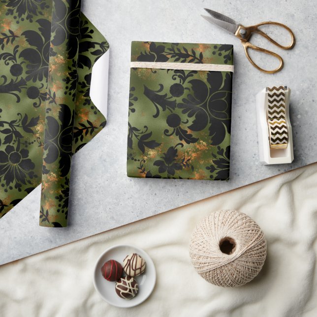 Boho Copper Black Green Floral Wrapping Paper (Crafts)
