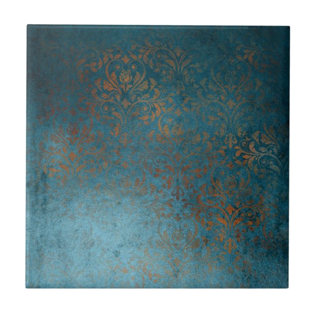 Boho Copper Blue Damask Grunge Ceramic Tile (Front)