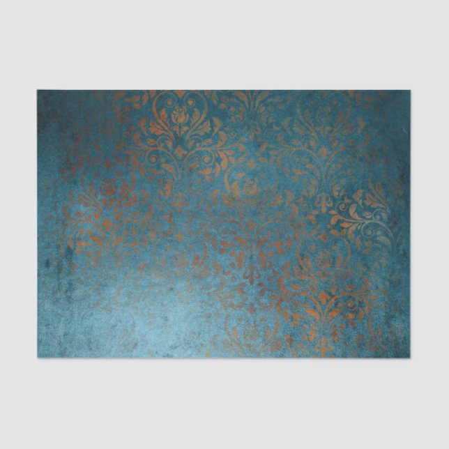 Boho Copper Blue Damask Grunge Tissue Paper (Front)