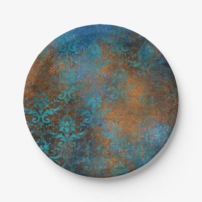 Boho Copper Blue Floral Damask Grunge Paper Plate (Front)
