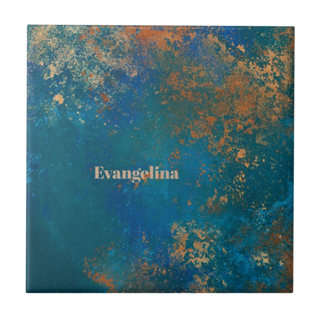 Boho Copper Blue Grunge Ceramic Tile (Front)