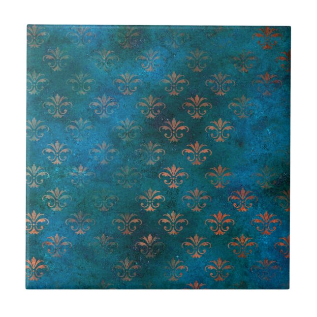 Boho Copper Blue Grunge Heraldic Floral Ceramic Tile (Front)